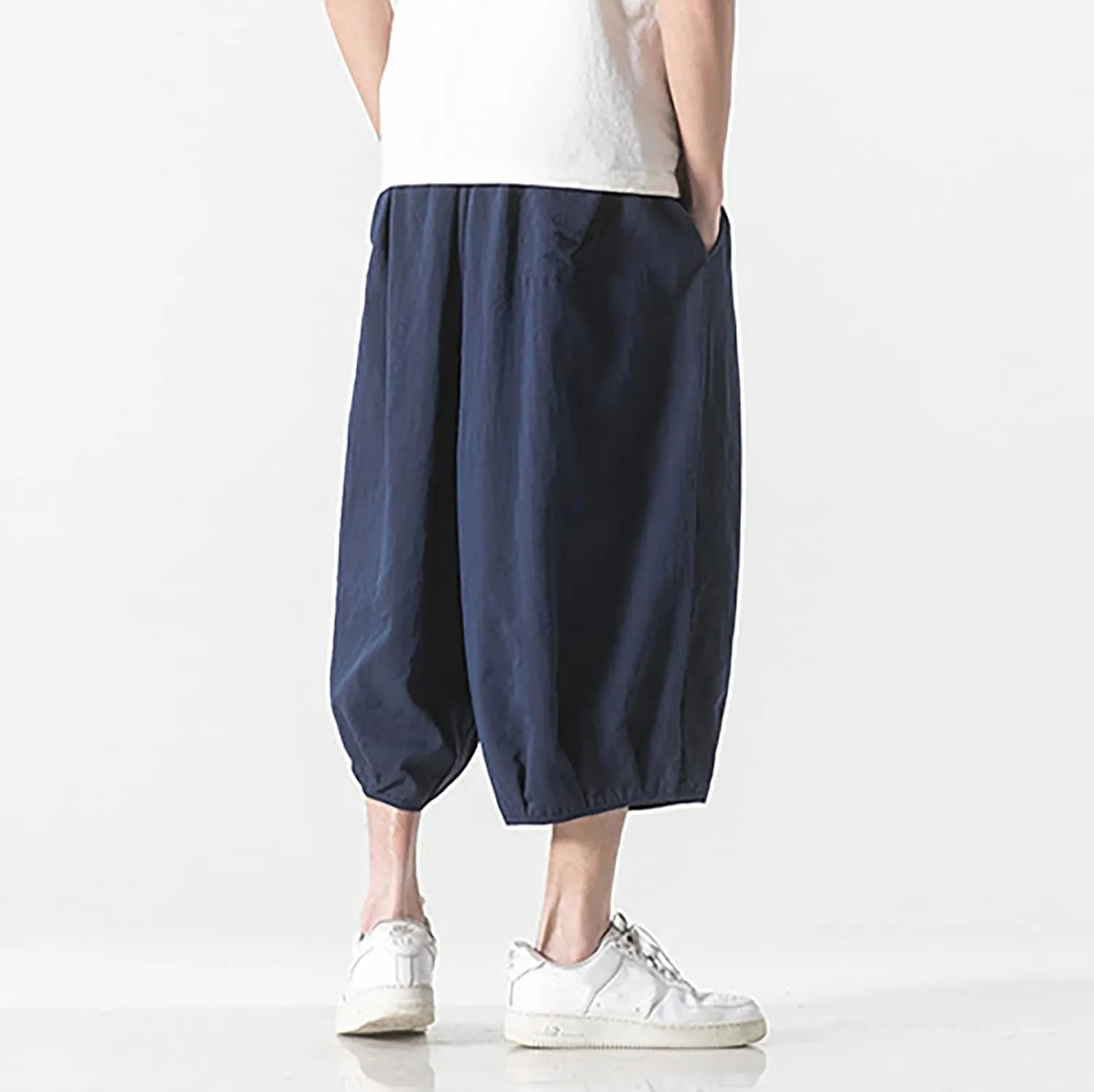 Summer Loose Fit Casual Capri Harem Pants Elastic Waist Wide Leg Baggy Long Shorts Yoga Hippie Slacks Trousers with Pockets