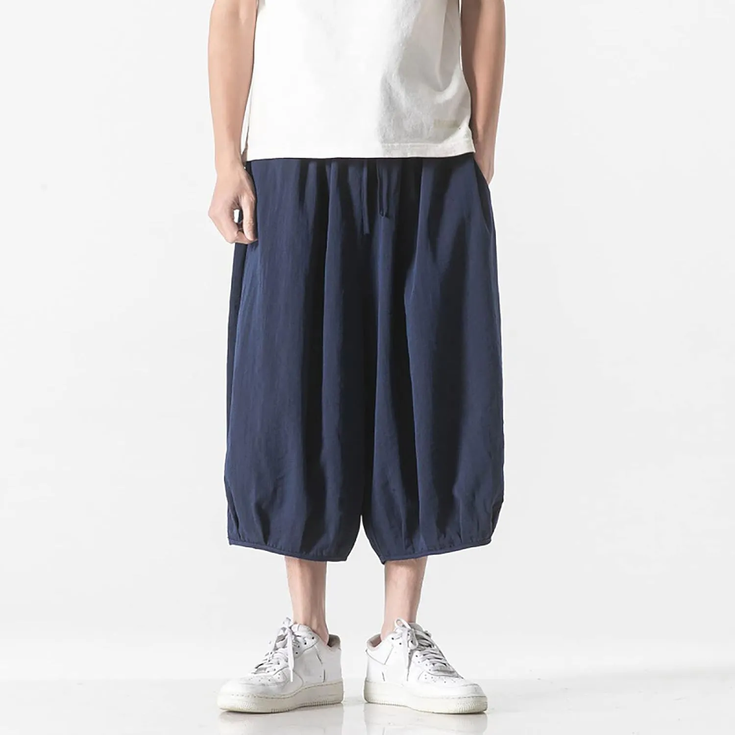 Summer Loose Fit Casual Capri Harem Pants Elastic Waist Wide Leg Baggy Long Shorts Yoga Hippie Slacks Trousers with Pockets