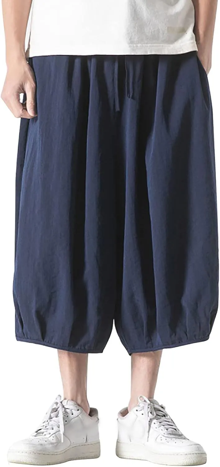Summer Loose Fit Casual Capri Harem Pants Elastic Waist Wide Leg Baggy Long Shorts Yoga Hippie Slacks Trousers with Pockets