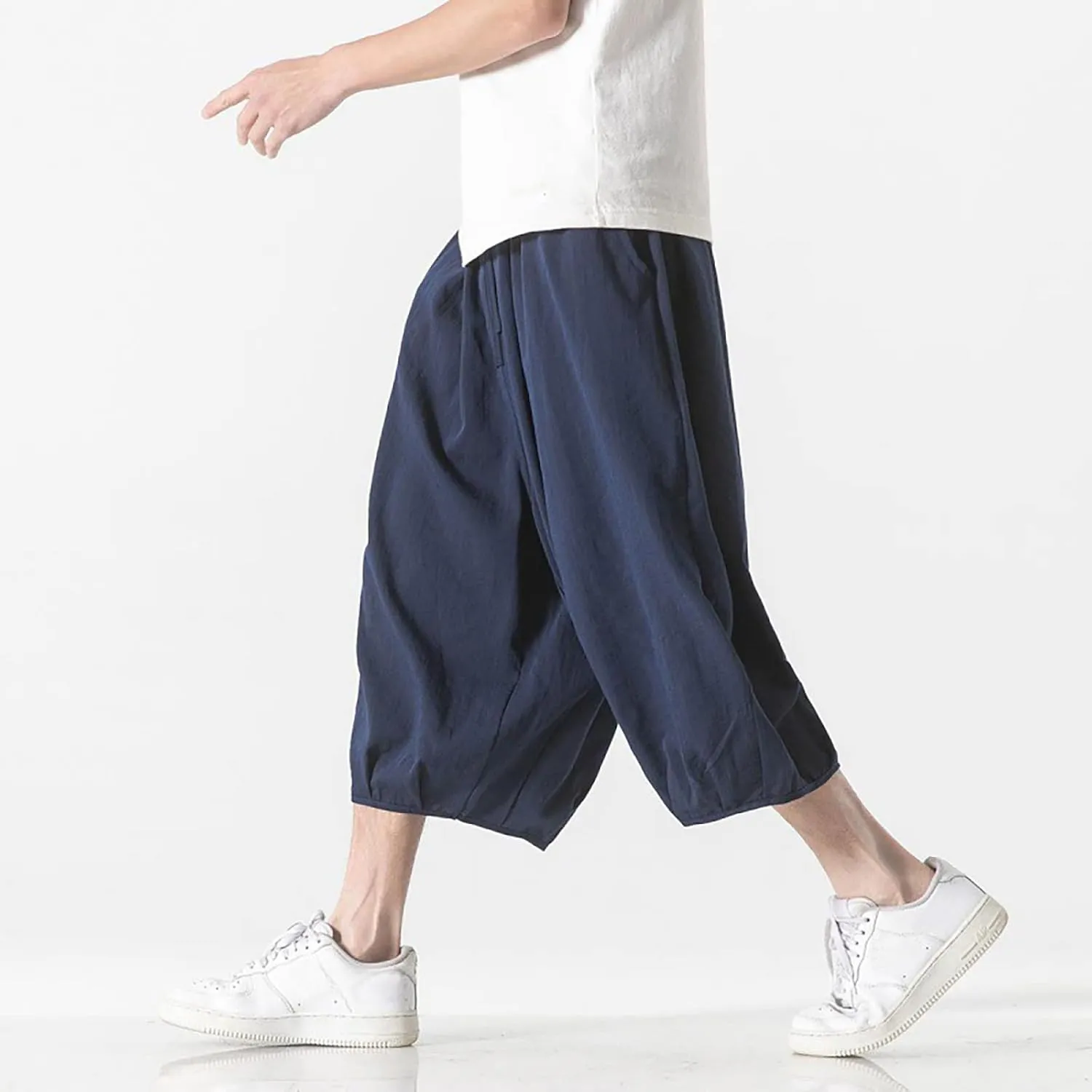 Summer Loose Fit Casual Capri Harem Pants Elastic Waist Wide Leg Baggy Long Shorts Yoga Hippie Slacks Trousers with Pockets