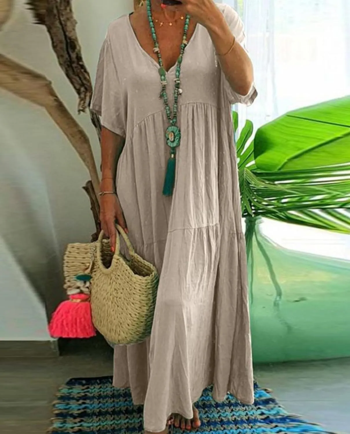 Summer Maxi Dress for Women 2024 Plus Size Casual Loose Dress Short Sleeve V Neck Oversized Long Dress