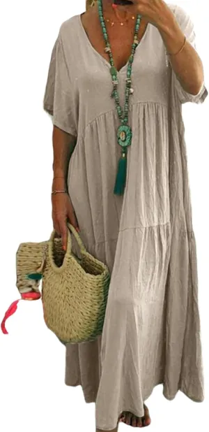 Summer Maxi Dress for Women 2024 Plus Size Casual Loose Dress Short Sleeve V Neck Oversized Long Dress