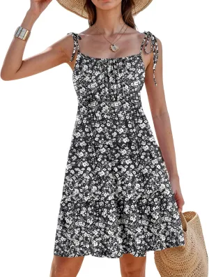 Sundresses for Women 2025 Vacation Spaghetti Strap Backless Floral Mini Dress Flowy Summer Tiered Ruffle Skater Dress