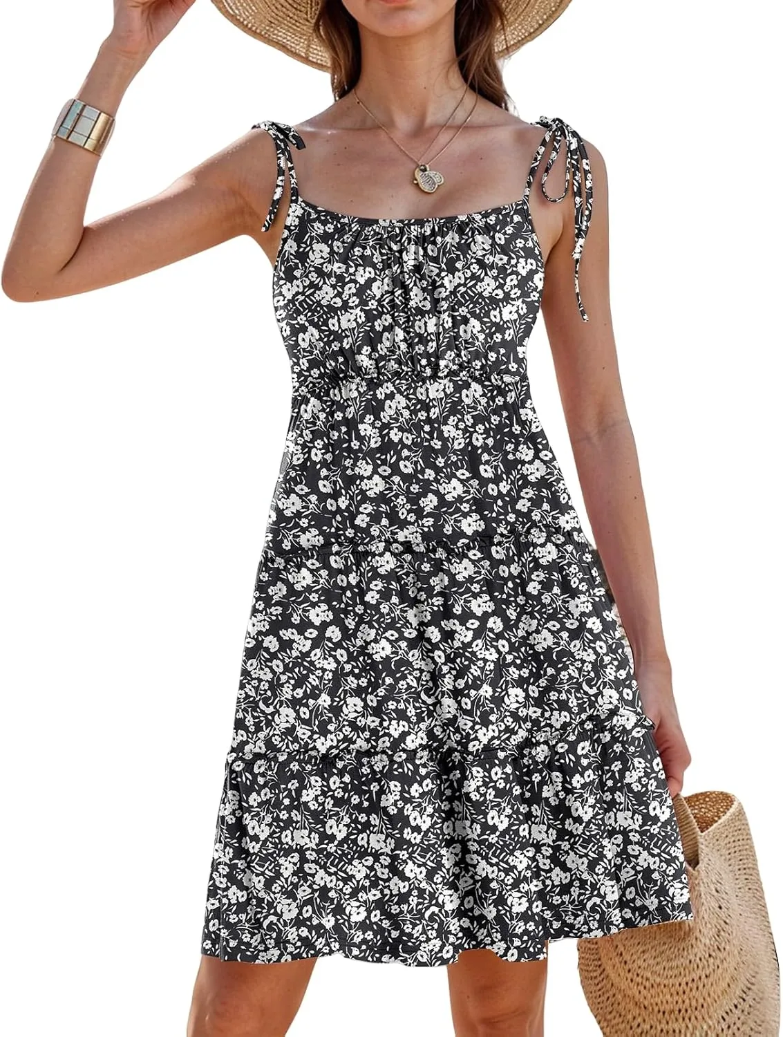 Sundresses for Women 2025 Vacation Spaghetti Strap Backless Floral Mini Dress Flowy Summer Tiered Ruffle Skater Dress