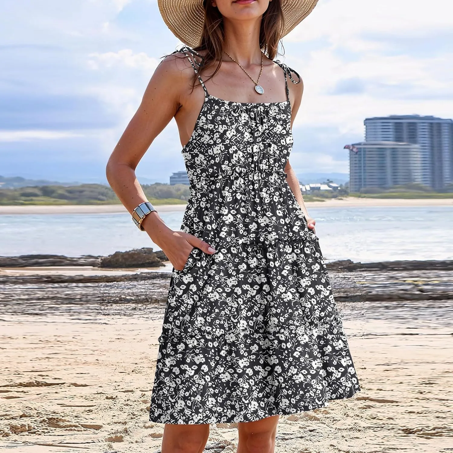 Sundresses for Women 2025 Vacation Spaghetti Strap Backless Floral Mini Dress Flowy Summer Tiered Ruffle Skater Dress