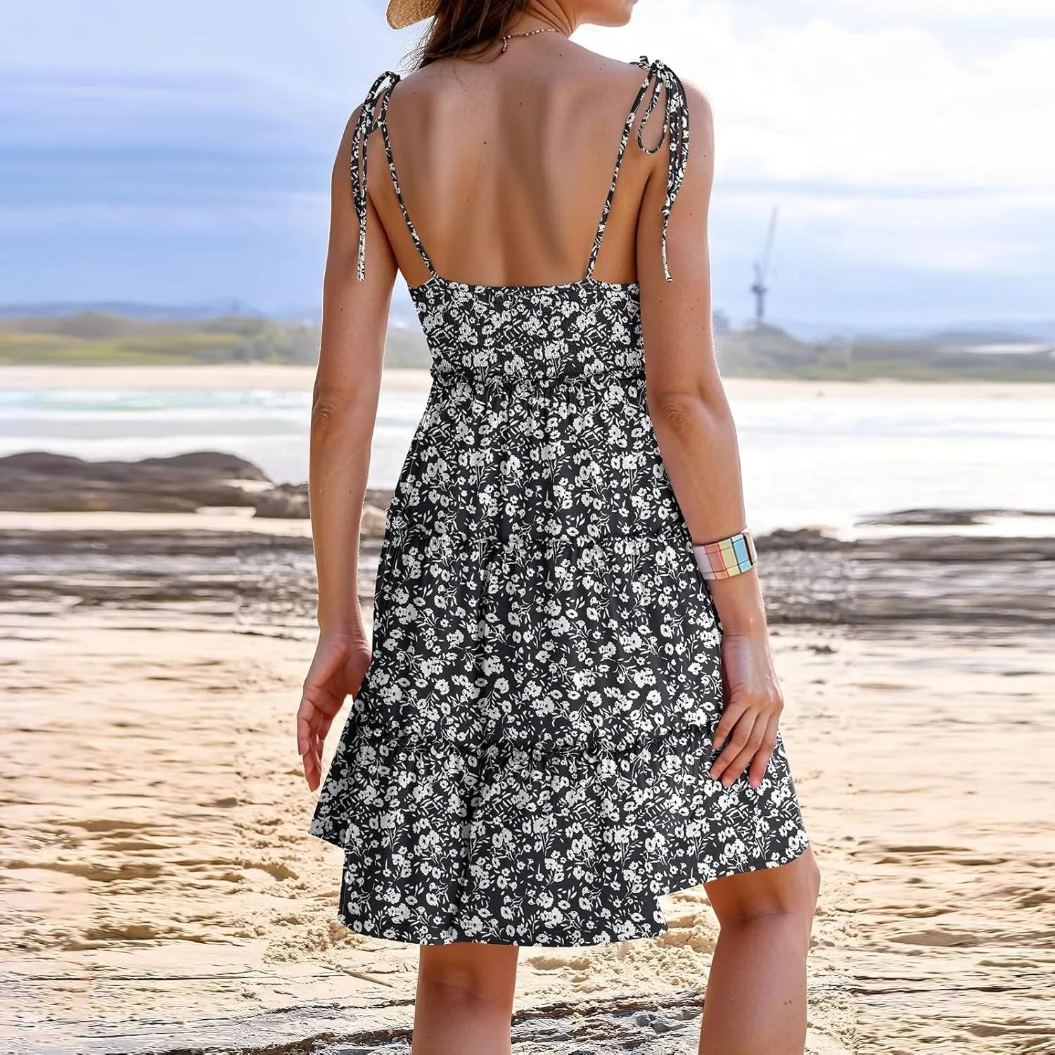 Sundresses for Women 2025 Vacation Spaghetti Strap Backless Floral Mini Dress Flowy Summer Tiered Ruffle Skater Dress