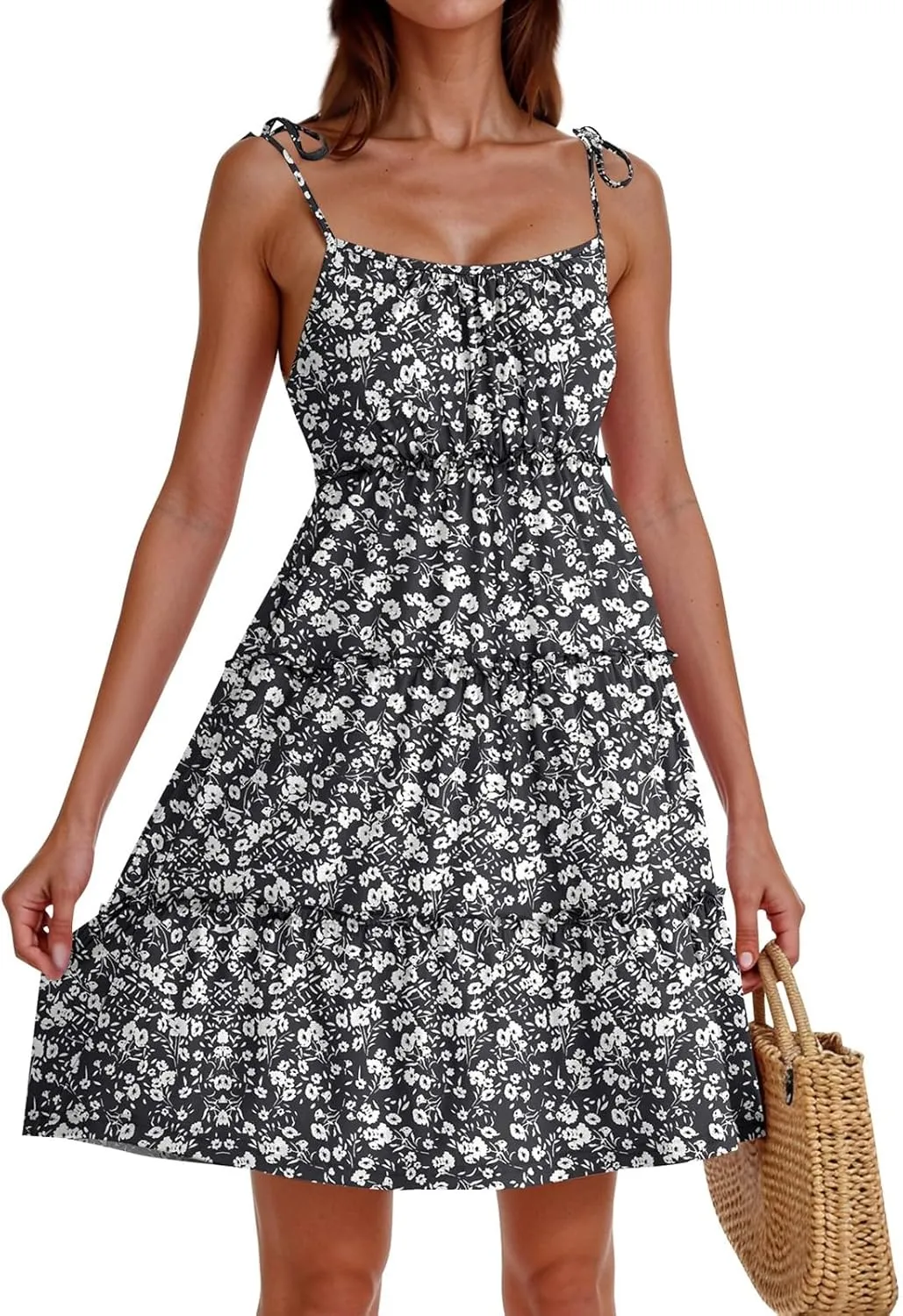 Sundresses for Women 2025 Vacation Spaghetti Strap Backless Floral Mini Dress Flowy Summer Tiered Ruffle Skater Dress