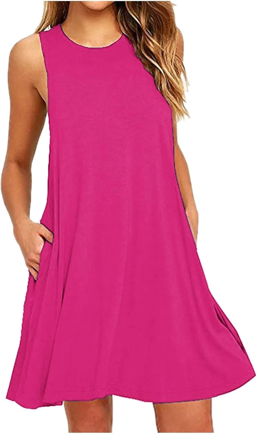 Sundresses for Women Fashion Loose Crewneck A Line Tank Mini Dress Casual Sleeveless Summer Beach Swing Dresses with Pockets
