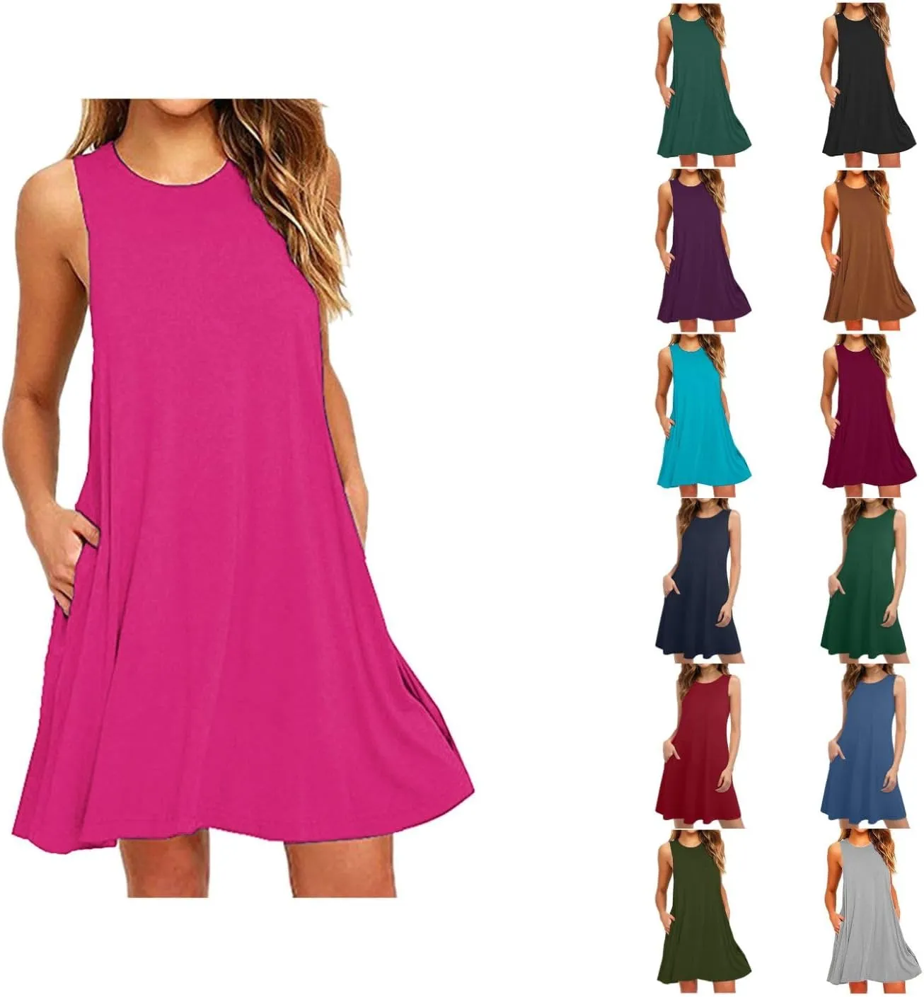 Sundresses for Women Fashion Loose Crewneck A Line Tank Mini Dress Casual Sleeveless Summer Beach Swing Dresses with Pockets