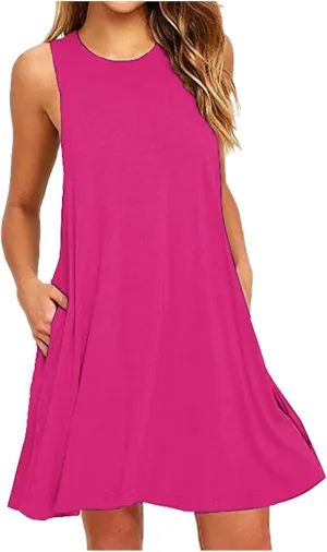 Sundresses for Women Fashion Loose Crewneck A Line Tank Mini Dress Casual Sleeveless Summer Beach Swing Dresses with Pockets
