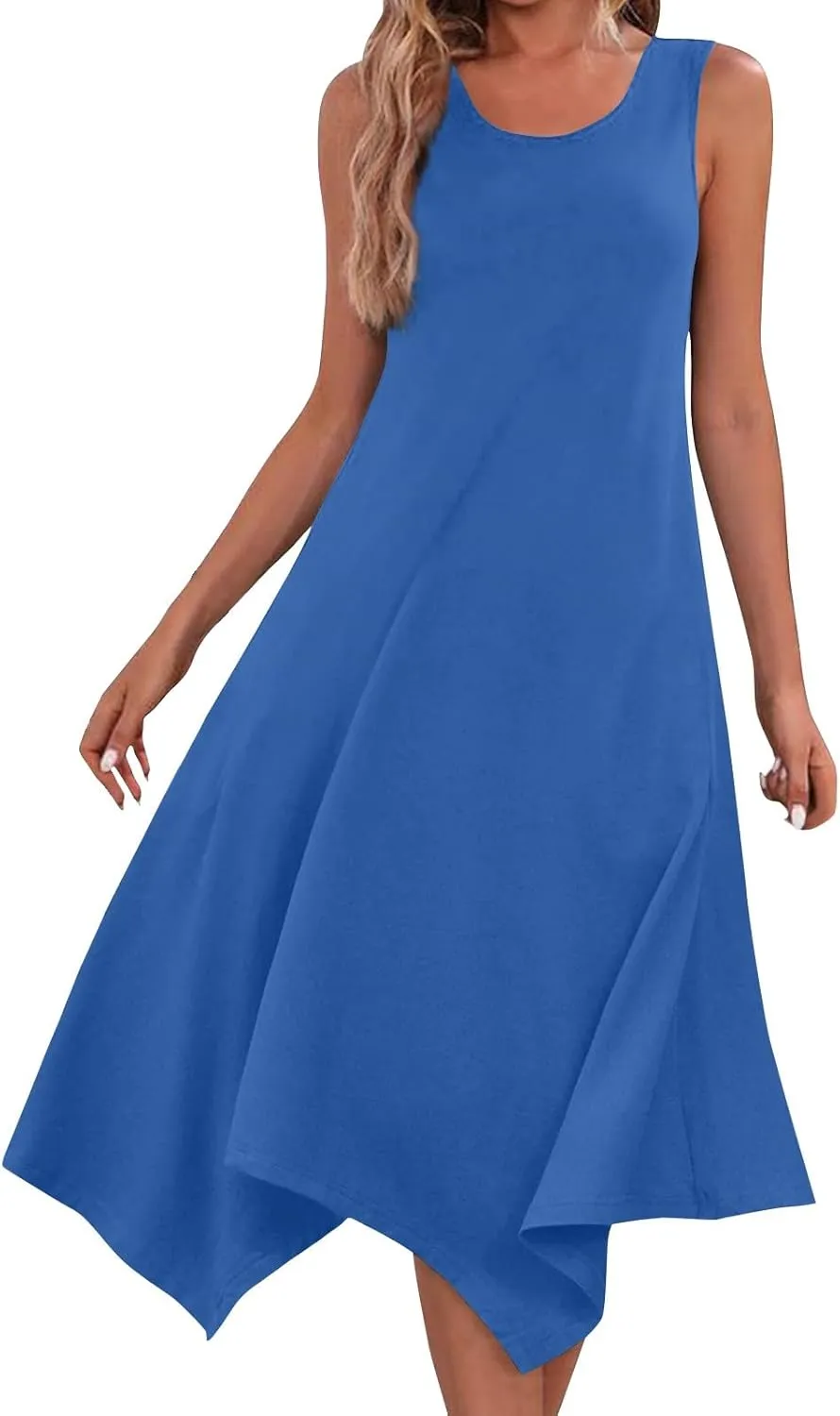 Sundresses for Women Summer Fashion Round Neck Sleeveless Floral Hawaiian Print Irregular Hem Midi Dresses