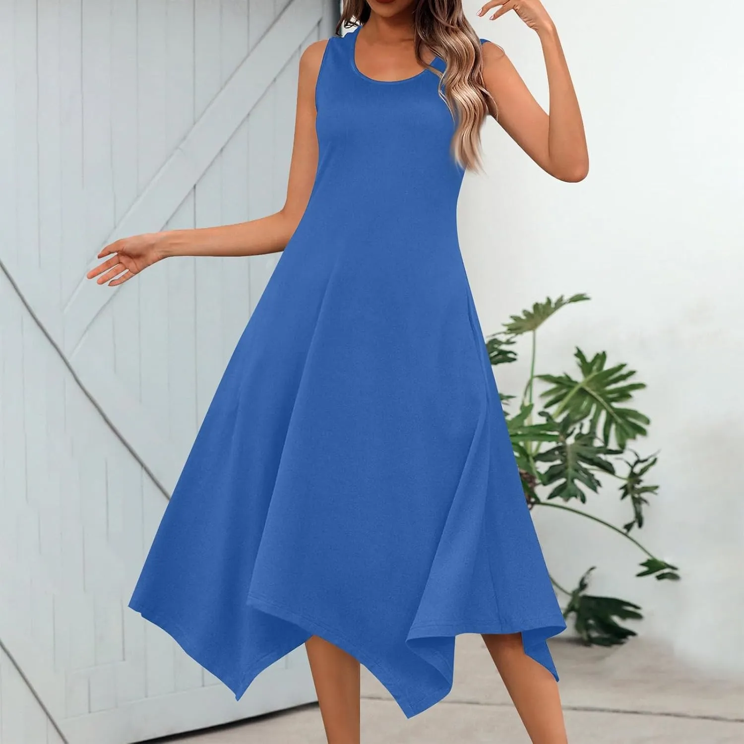 Sundresses for Women Summer Fashion Round Neck Sleeveless Floral Hawaiian Print Irregular Hem Midi Dresses