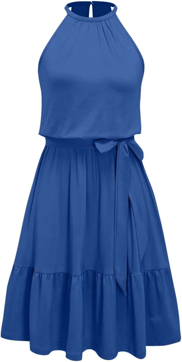 Sundresses for Women,2025 Spring Summer Elegant Sleeveless Halter Mini Beach Dress,Flowy Ruched Swing Vacation Dress