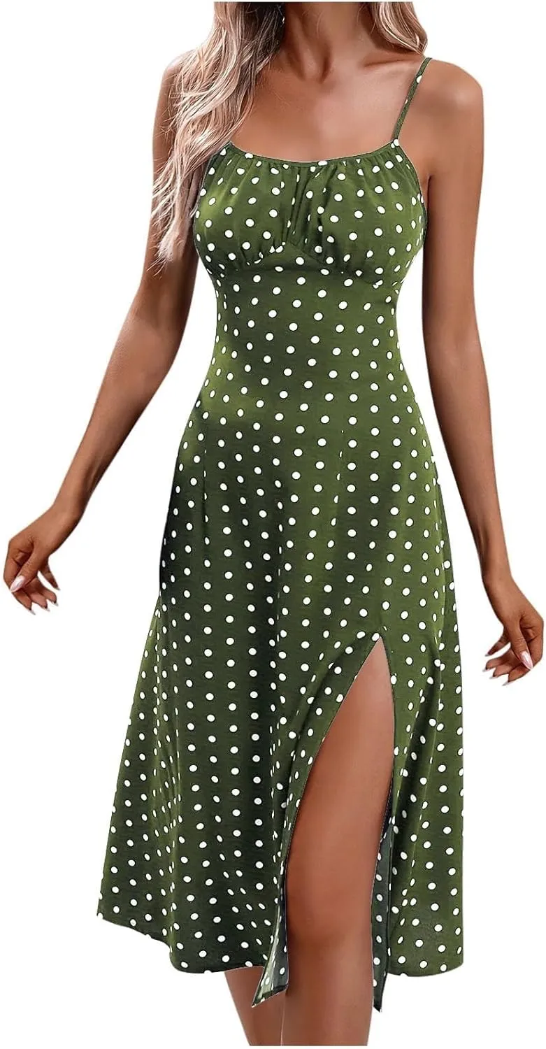 Sundresses for Women,2025 Summer Sexy Spaghetti Strap Polka Dot Midi Beach Dress,Flowy Side Slit Boho Vacation Dress
