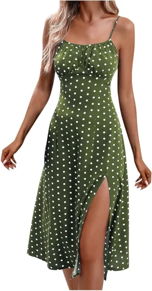 Sundresses for Women,2025 Summer Sexy Spaghetti Strap Polka Dot Midi Beach Dress,Flowy Side Slit Boho Vacation Dress
