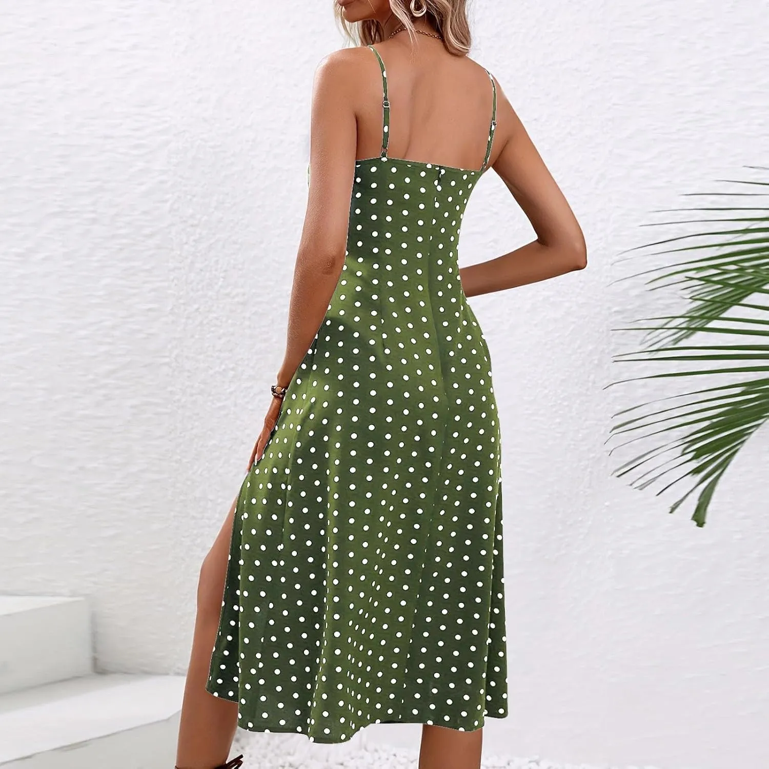 Sundresses for Women,2025 Summer Sexy Spaghetti Strap Polka Dot Midi Beach Dress,Flowy Side Slit Boho Vacation Dress