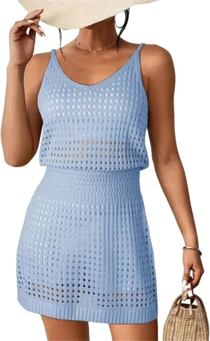 Swimsuit Coverup for Women Casual Crochet Hollow Out Knit Beach Bathing Suit Swim Cover Ups Summer Mini Vacation Dresses