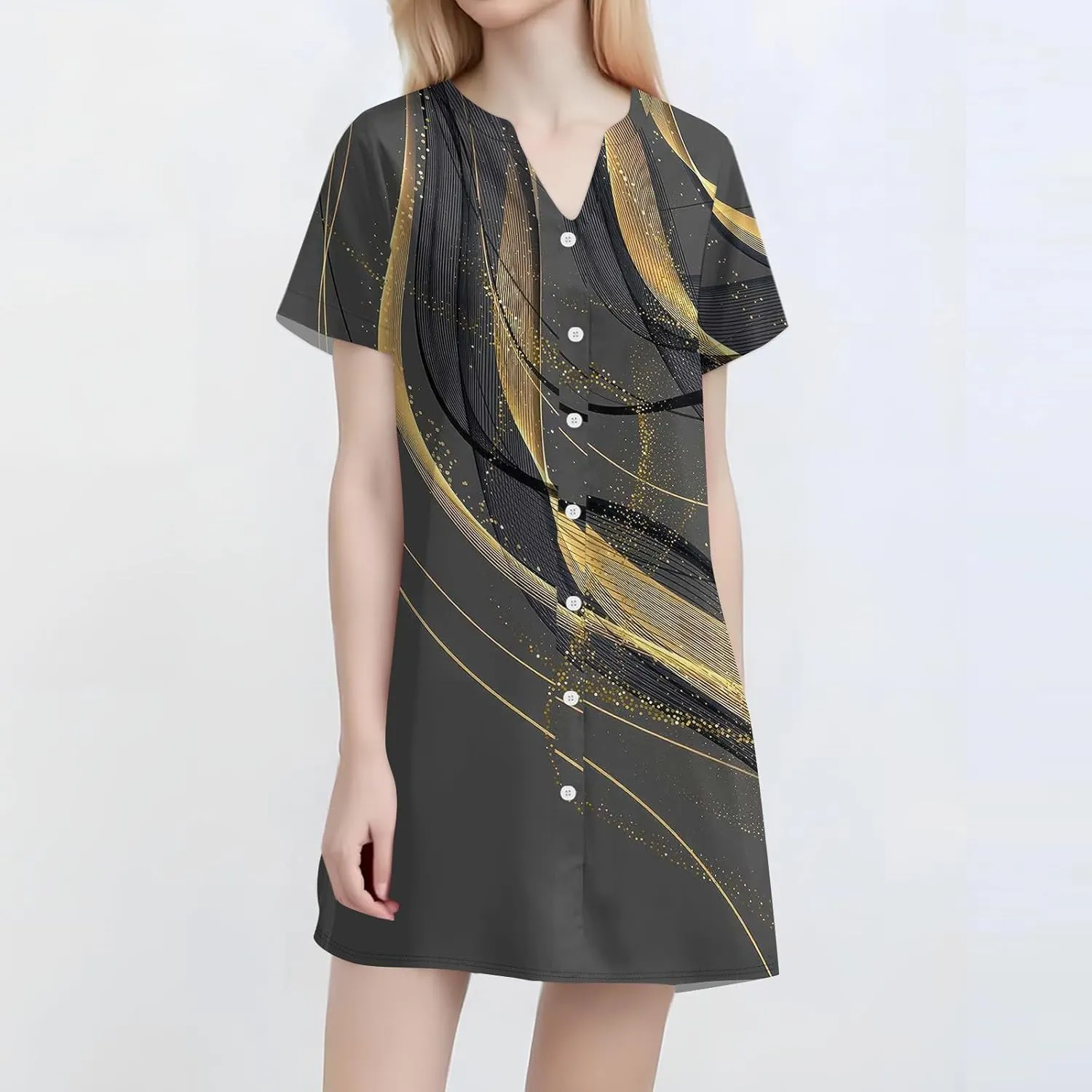 T Shirt Dress for Women Short Sleeve Button Down Pullover V Neck Floral Printed Shirt Summer Beach Vacation Mini Sundresses