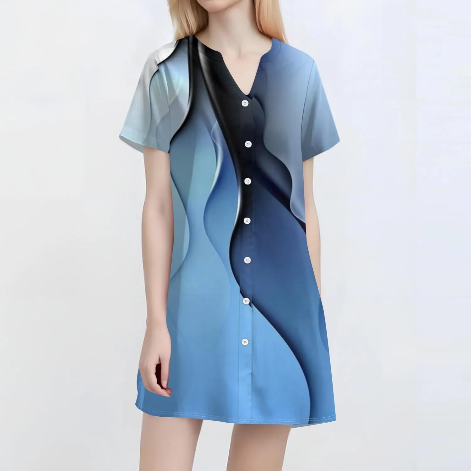 T Shirt Dress for Women Short Sleeve Button Down Pullover V Neck Floral Printed Shirt Summer Beach Vacation Mini Sundresses