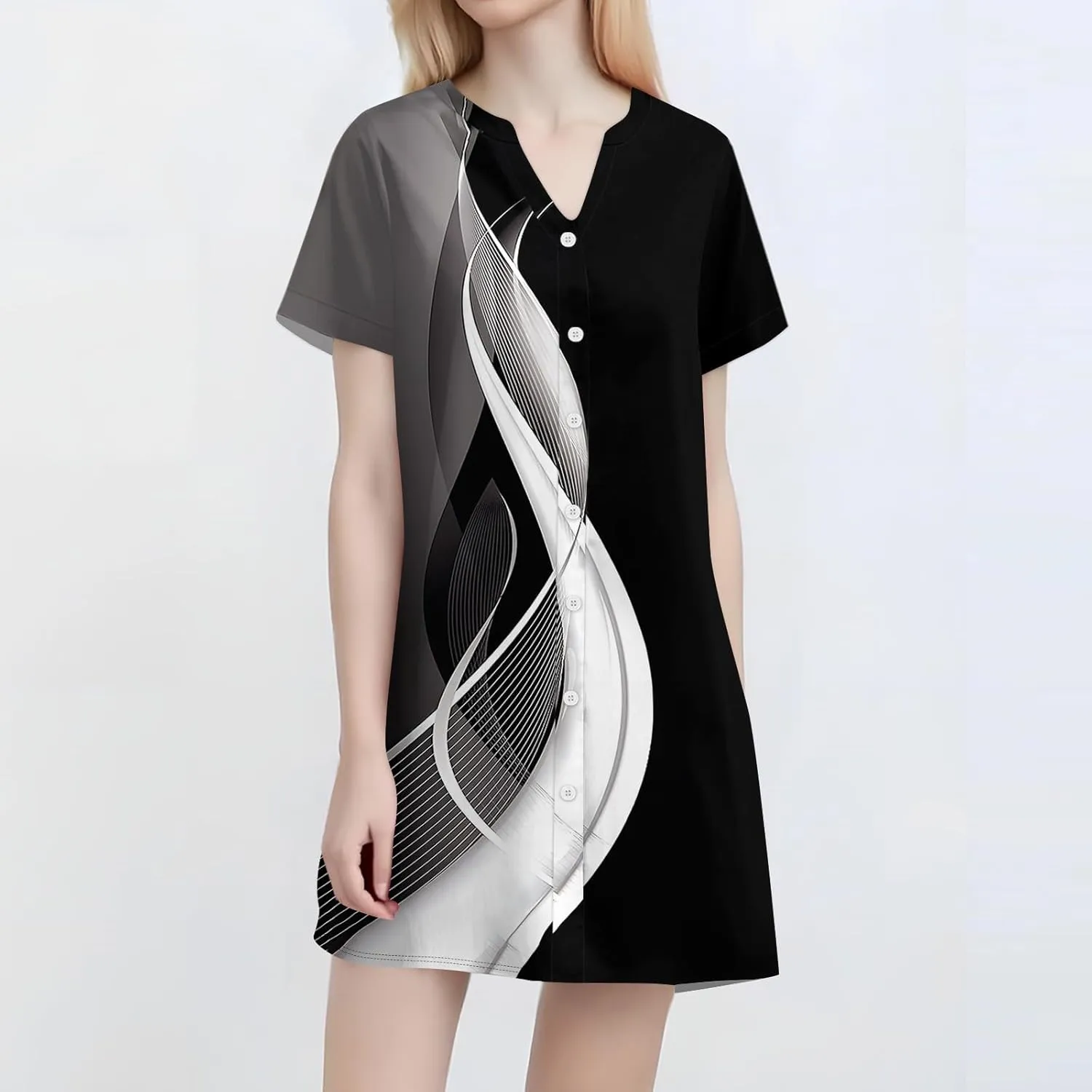 T Shirt Dress for Women Short Sleeve Button Down Pullover V Neck Floral Printed Shirt Summer Beach Vacation Mini Sundresses