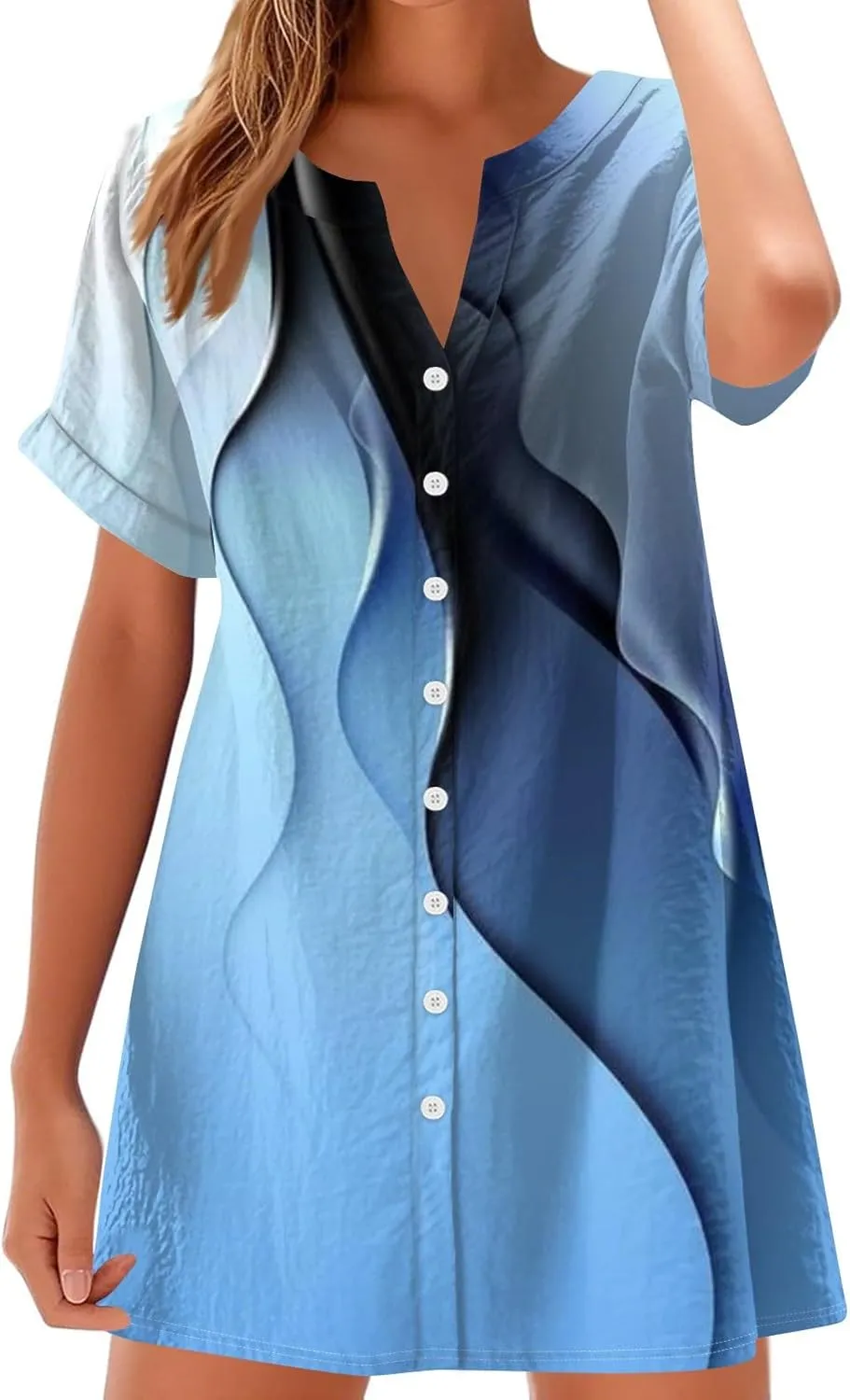 T Shirt Dress for Women Short Sleeve Button Down Pullover V Neck Floral Printed Shirt Summer Beach Vacation Mini Sundresses