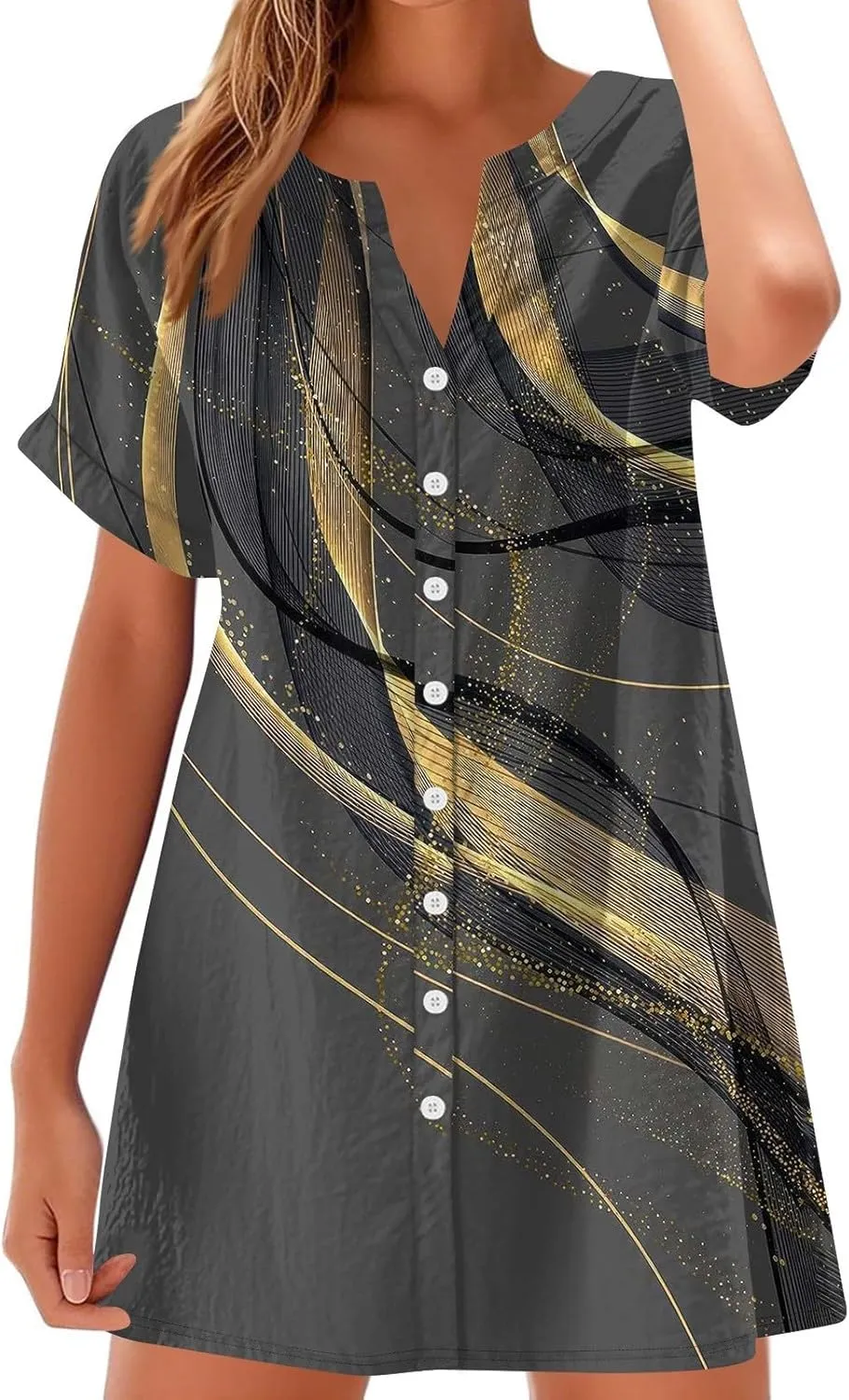 T Shirt Dress for Women Short Sleeve Button Down Pullover V Neck Floral Printed Shirt Summer Beach Vacation Mini Sundresses
