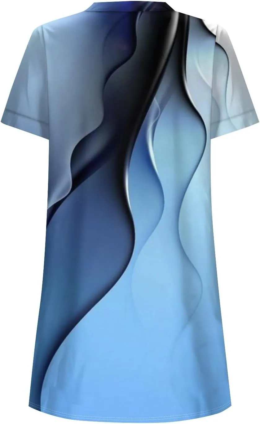 T Shirt Dress for Women Short Sleeve Button Down Pullover V Neck Floral Printed Shirt Summer Beach Vacation Mini Sundresses