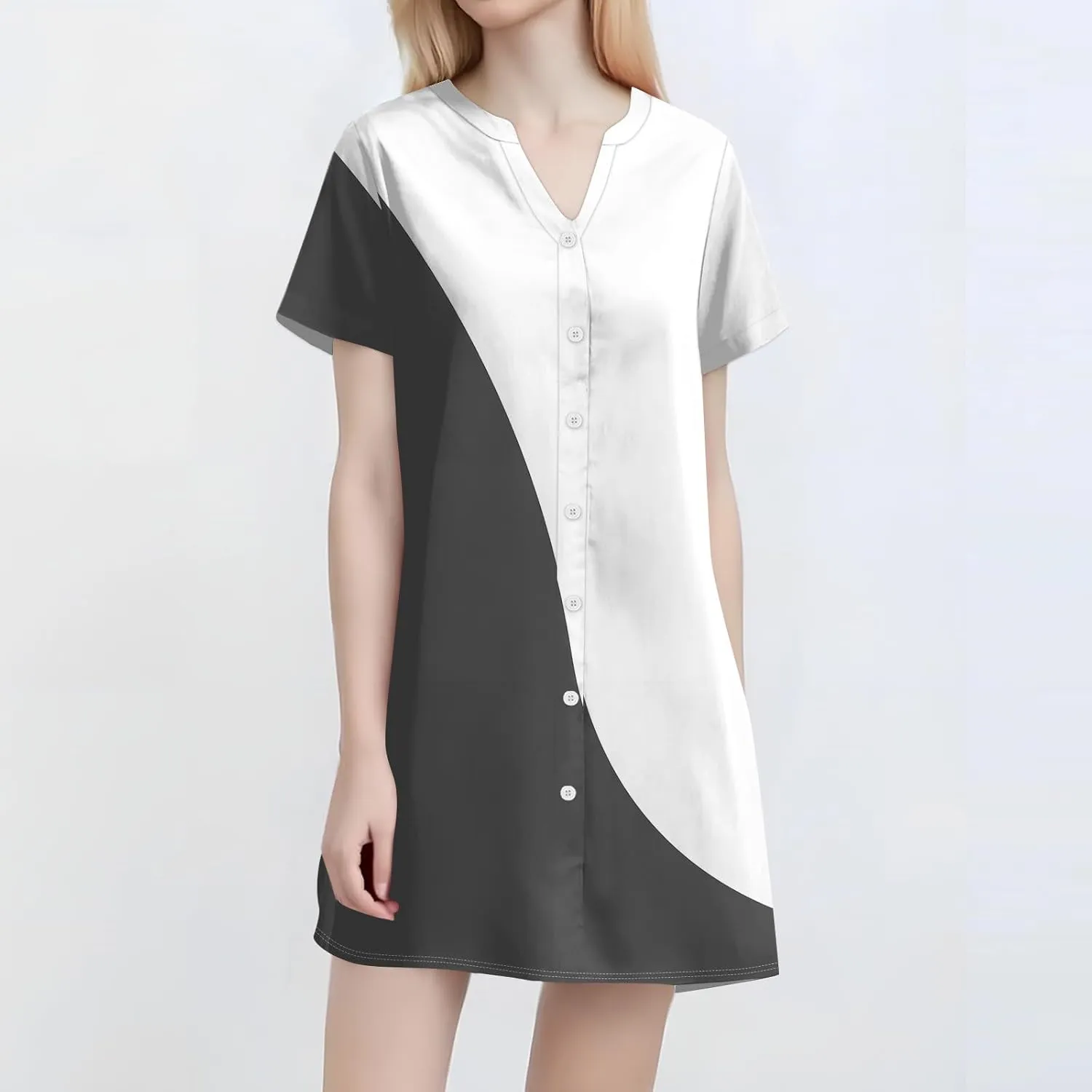 T Shirt Dress for Women Short Sleeve Button Down Pullover V Neck Floral Printed Shirt Summer Beach Vacation Mini Sundresses