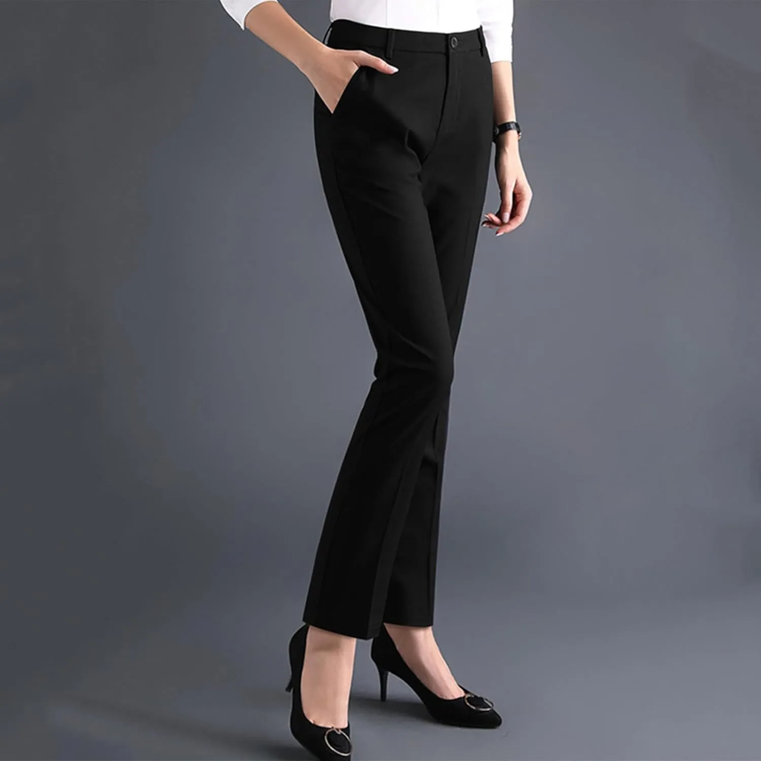 TANGNADE Women High Waist Casual Straight Leg Long Business Work Suit Dress Pants Slim Fit Trousers with Pockets Slacks