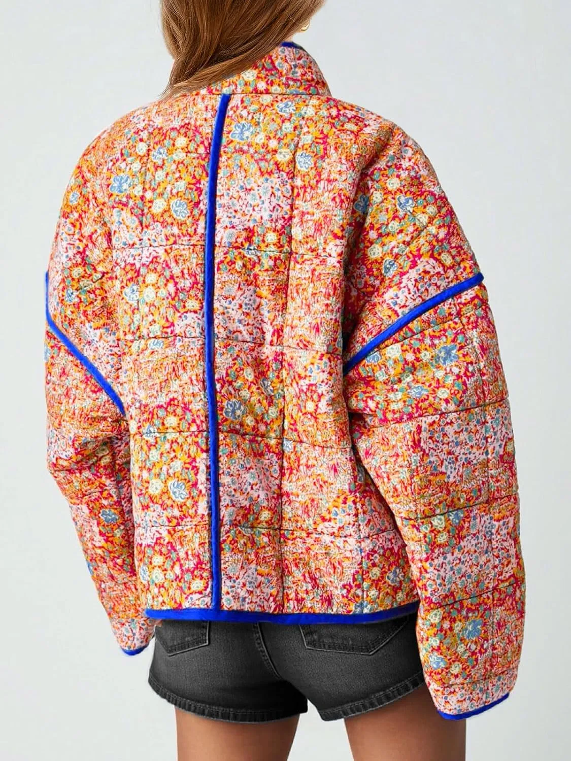 Tankaneo Womens Quilted Lightweight Jackets Floral Print Winter Coats Open Front Cardigan with Pockets
