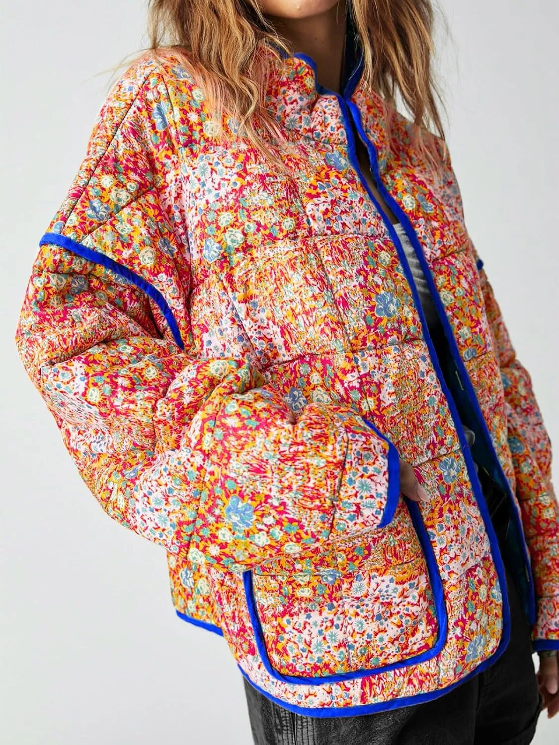 Tankaneo Womens Quilted Lightweight Jackets Floral Print Winter Coats Open Front Cardigan with Pockets