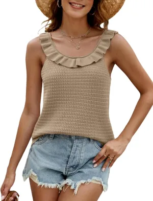 Tanou Women's Ruffled Neckline Sweater Vests Hollow Out Crochet Sleeveless Casual Knit Tank Tops