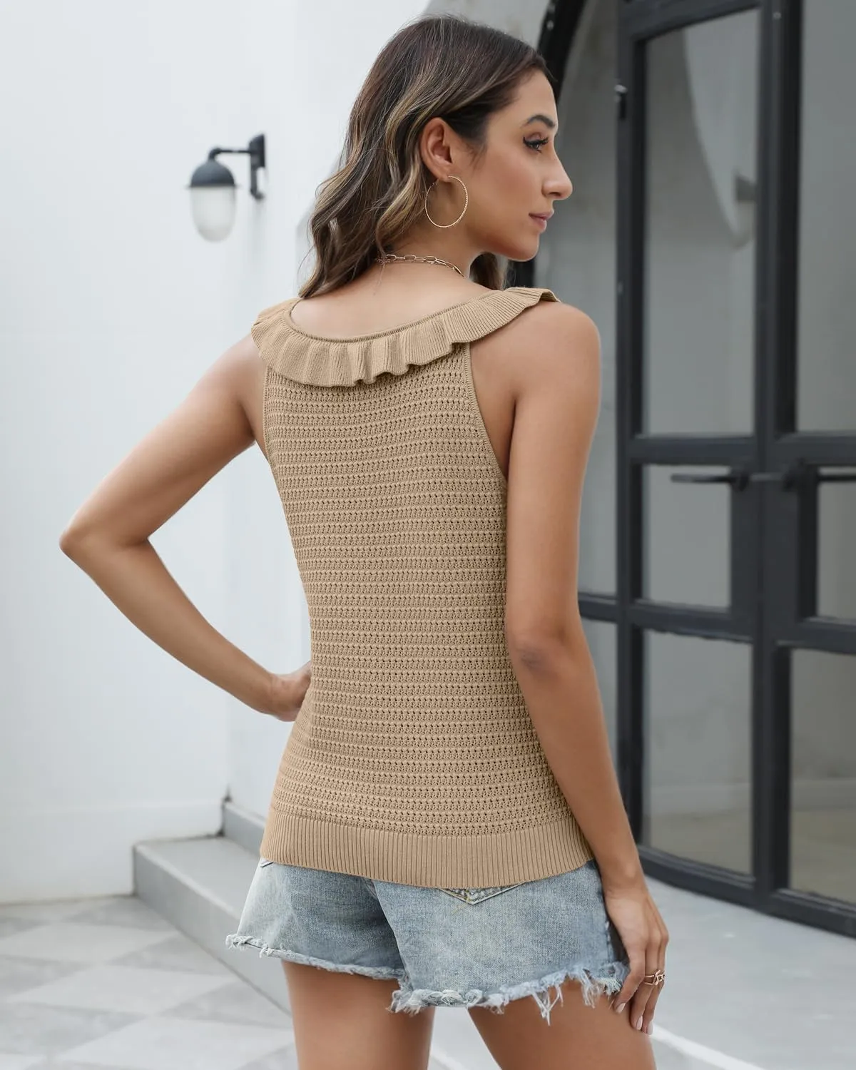 Tanou Women's Ruffled Neckline Sweater Vests Hollow Out Crochet Sleeveless Casual Knit Tank Tops