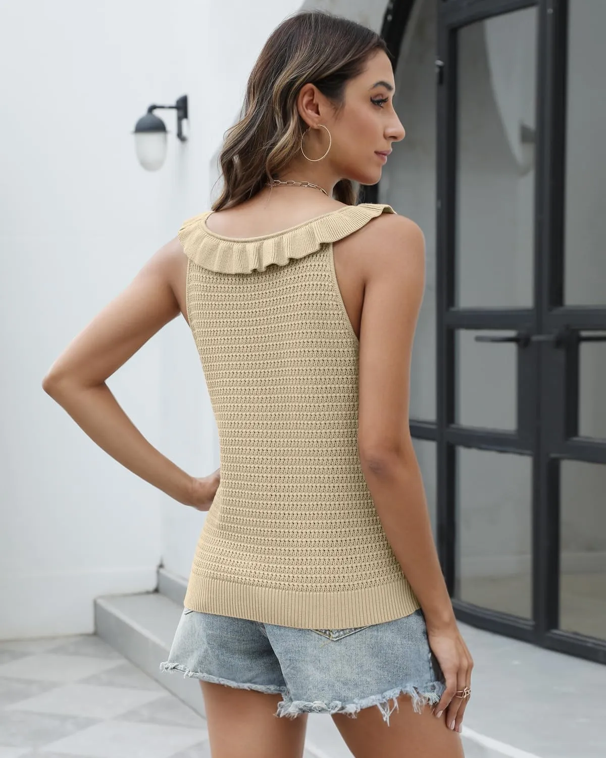 Tanou Women's Ruffled Neckline Sweater Vests Hollow Out Crochet Sleeveless Casual Knit Tank Tops