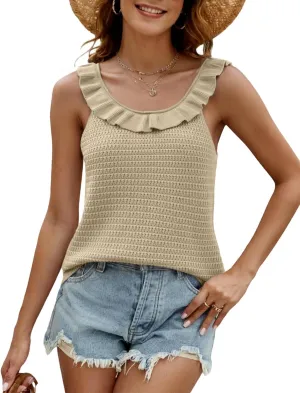 Tanou Women's Ruffled Neckline Sweater Vests Hollow Out Crochet Sleeveless Casual Knit Tank Tops