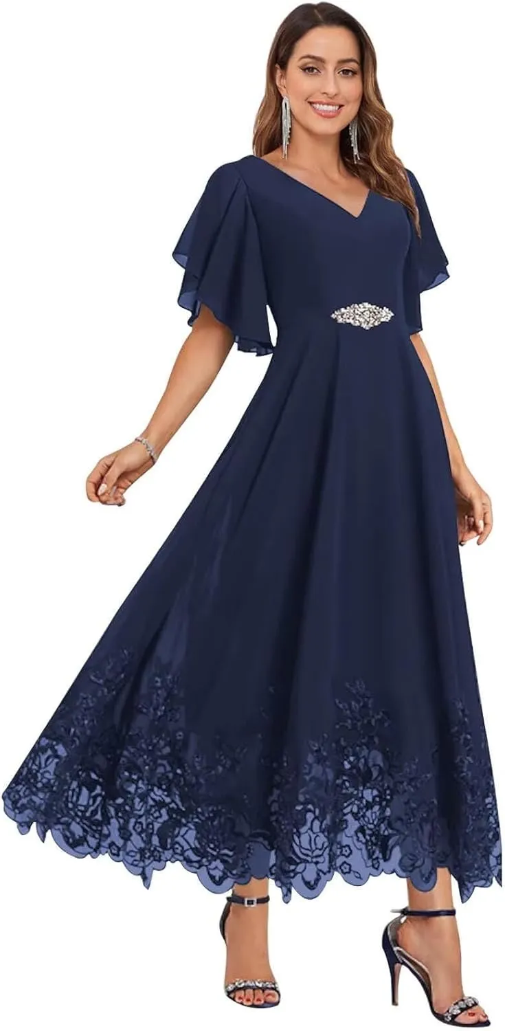 Tea Length Mother of The Bride Dresses for Wedding Short Sleeve Chiffon Lace Formal Evening Prom Gowns PG055