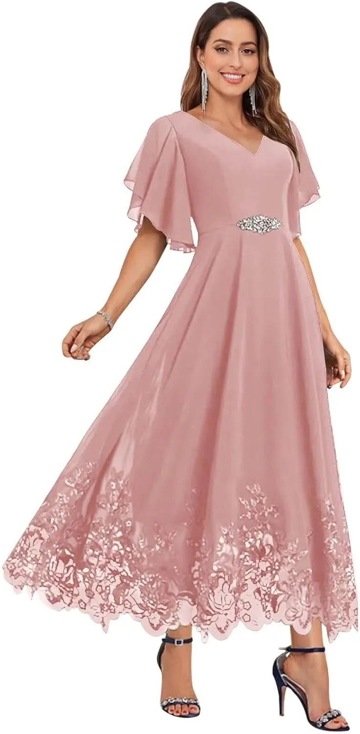 Tea Length Mother of The Bride Dresses for Wedding Short Sleeve Chiffon Lace Formal Evening Prom Gowns PG055