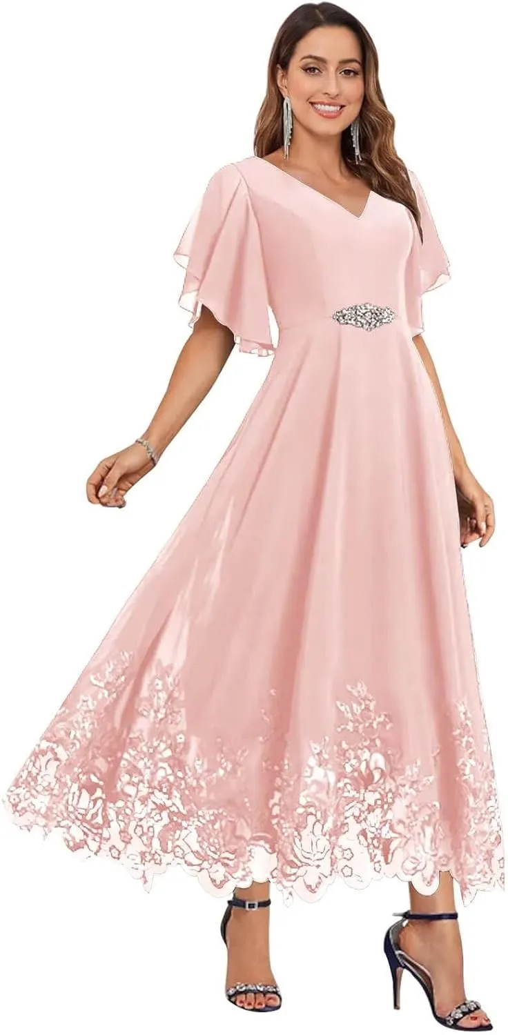 Tea Length Mother of The Bride Dresses for Wedding Short Sleeve Chiffon Lace Formal Evening Prom Gowns PG055