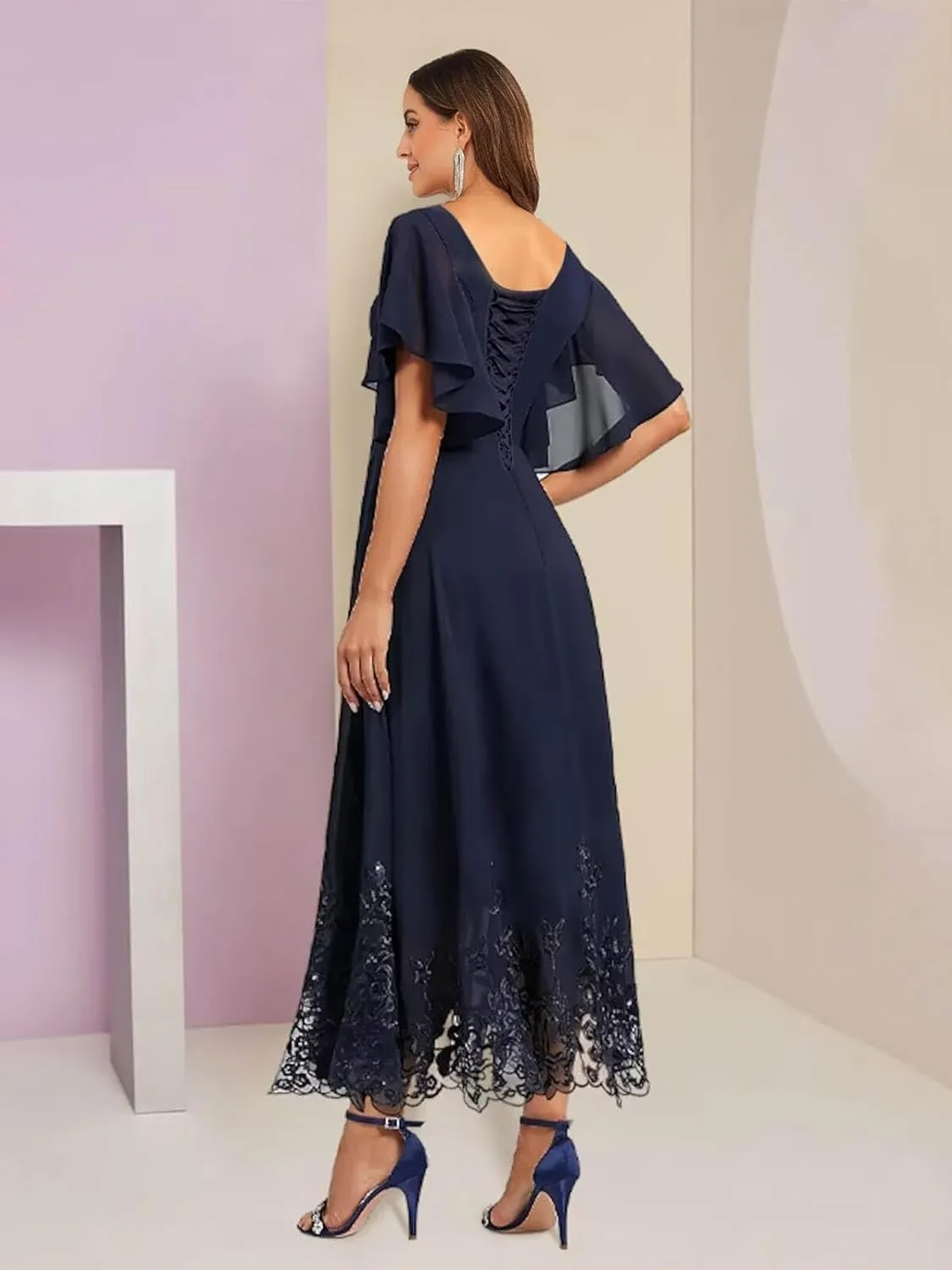 Tea Length Mother of The Bride Dresses for Wedding Short Sleeve Chiffon Lace Formal Evening Prom Gowns PG055