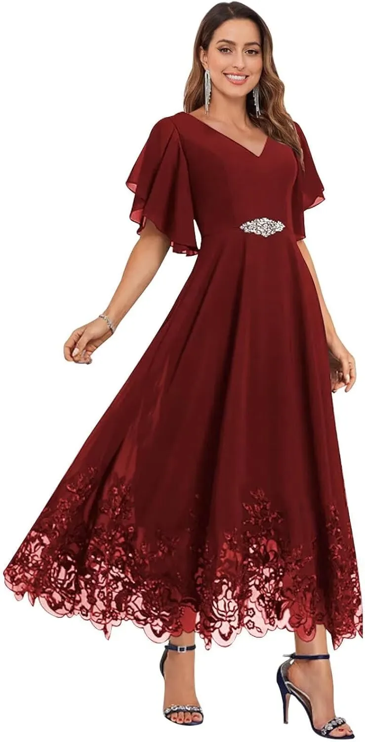 Tea Length Mother of The Bride Dresses for Wedding Short Sleeve Chiffon Lace Formal Evening Prom Gowns PG055