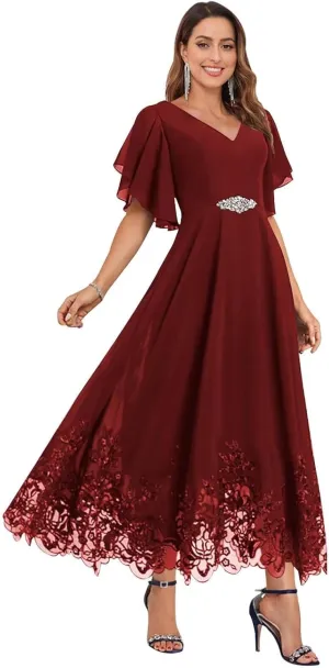 Tea Length Mother of The Bride Dresses for Wedding Short Sleeve Chiffon Lace Formal Evening Prom Gowns PG055