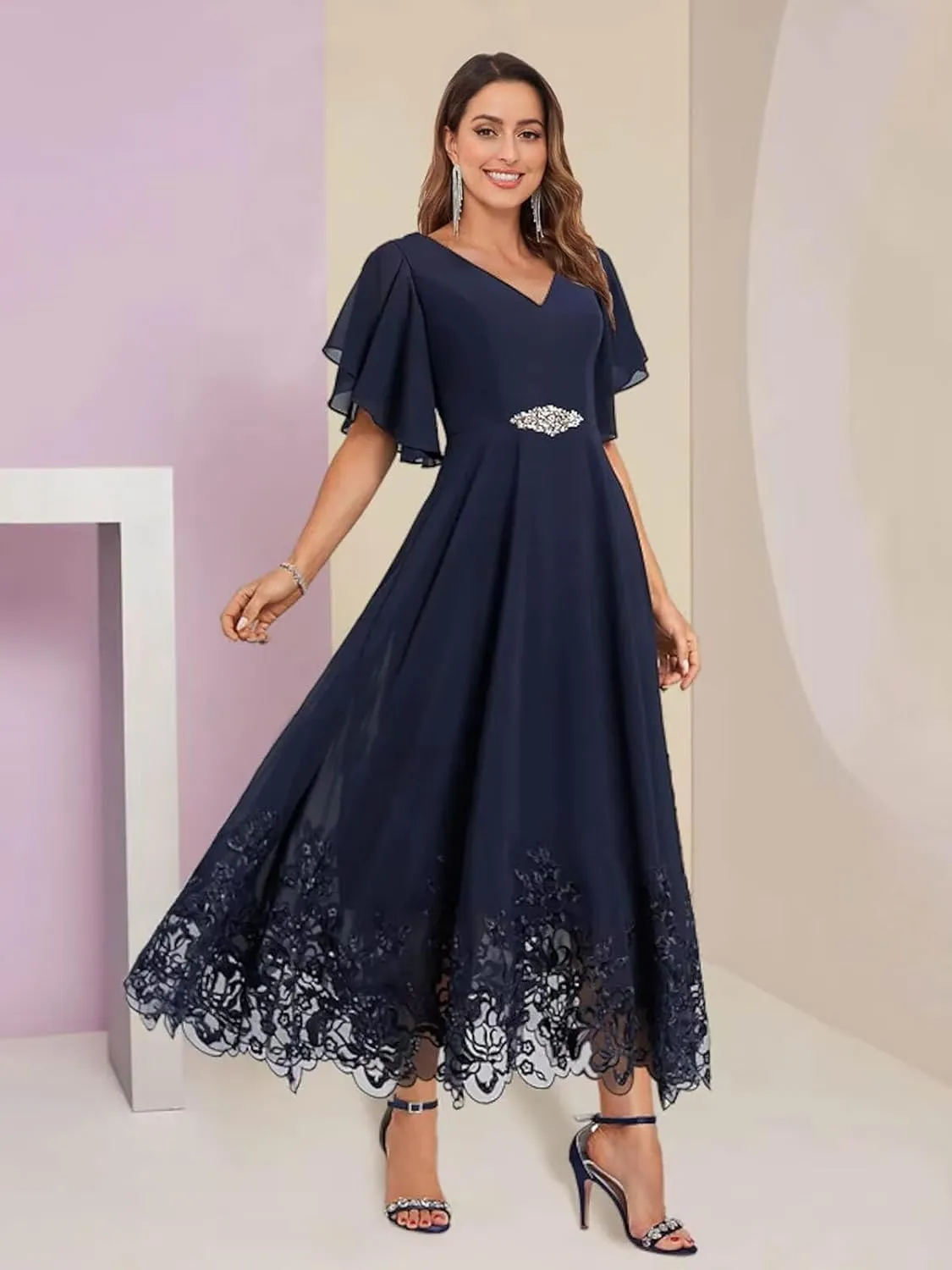 Tea Length Mother of The Bride Dresses for Wedding Short Sleeve Chiffon Lace Formal Evening Prom Gowns PG055