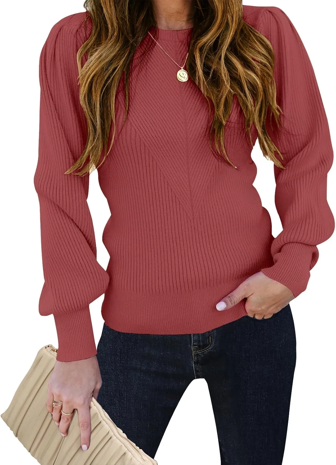 TECREW Women's Puff Sleeve Crew Neck Pullover Sweater Casual Cozy Knit Slim Jumper Tops