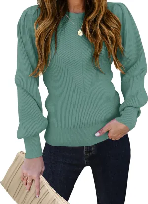 TECREW Women's Puff Sleeve Crew Neck Pullover Sweater Casual Cozy Knit Slim Jumper Tops