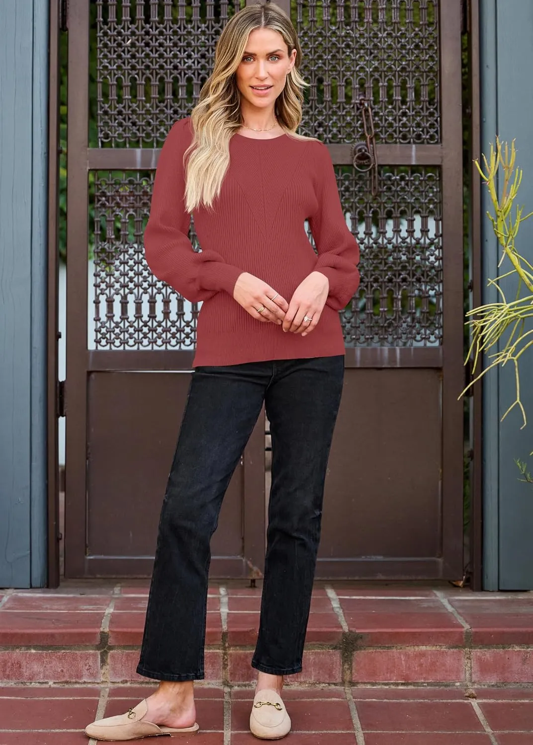 TECREW Women's Puff Sleeve Crew Neck Pullover Sweater Casual Cozy Knit Slim Jumper Tops