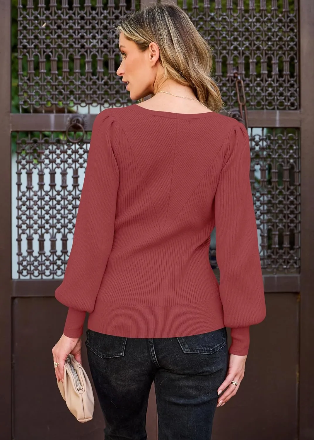 TECREW Women's Puff Sleeve Crew Neck Pullover Sweater Casual Cozy Knit Slim Jumper Tops