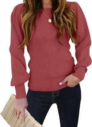 TECREW Women's Puff Sleeve Crew Neck Pullover Sweater Casual Cozy Knit Slim Jumper Tops