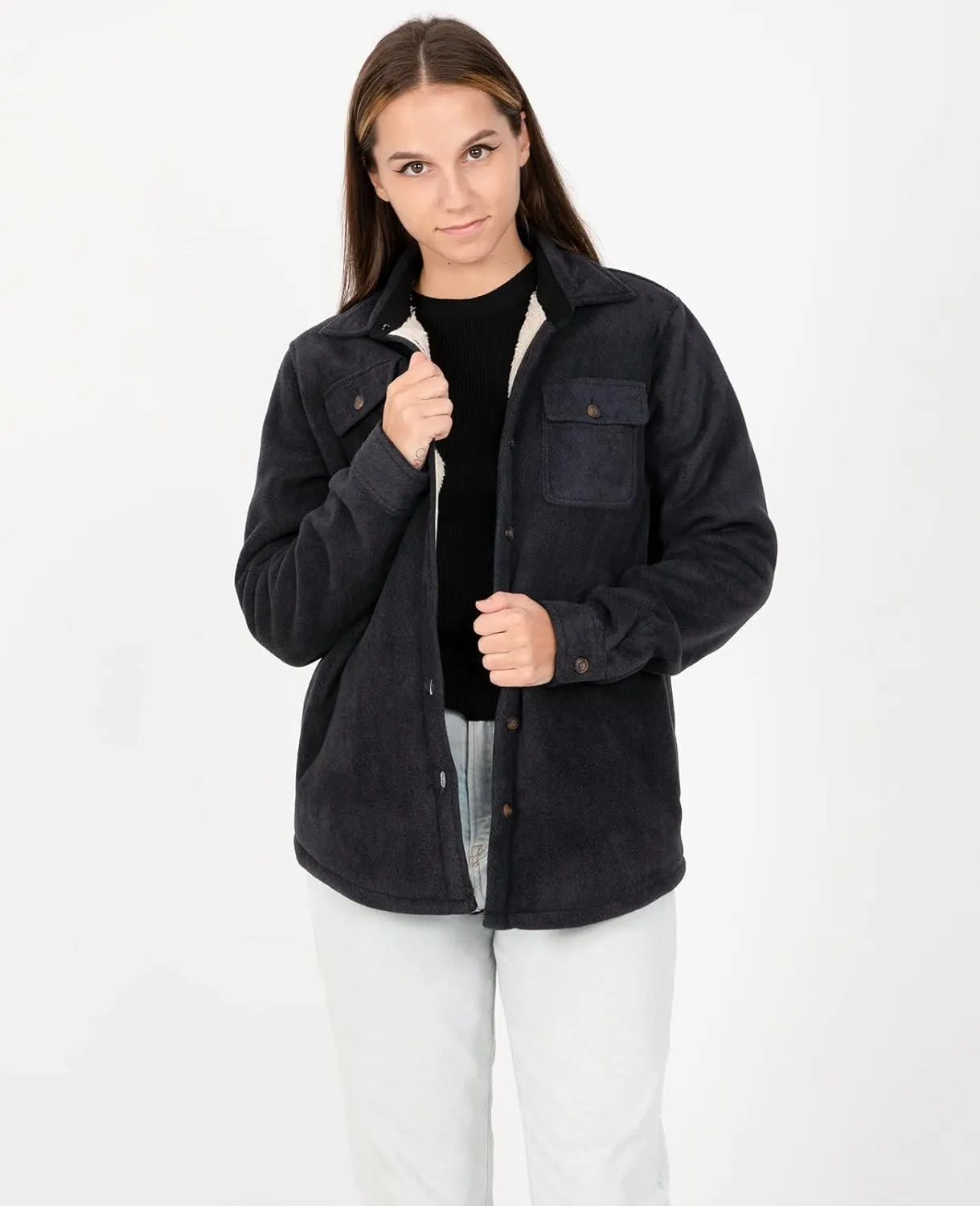 ThCreasa Womens Sherpa Fleece Lined Flannel Shirt Jacket Warm Button Up Plaid Shirt Jac (Sherpa Fleece Throughout)