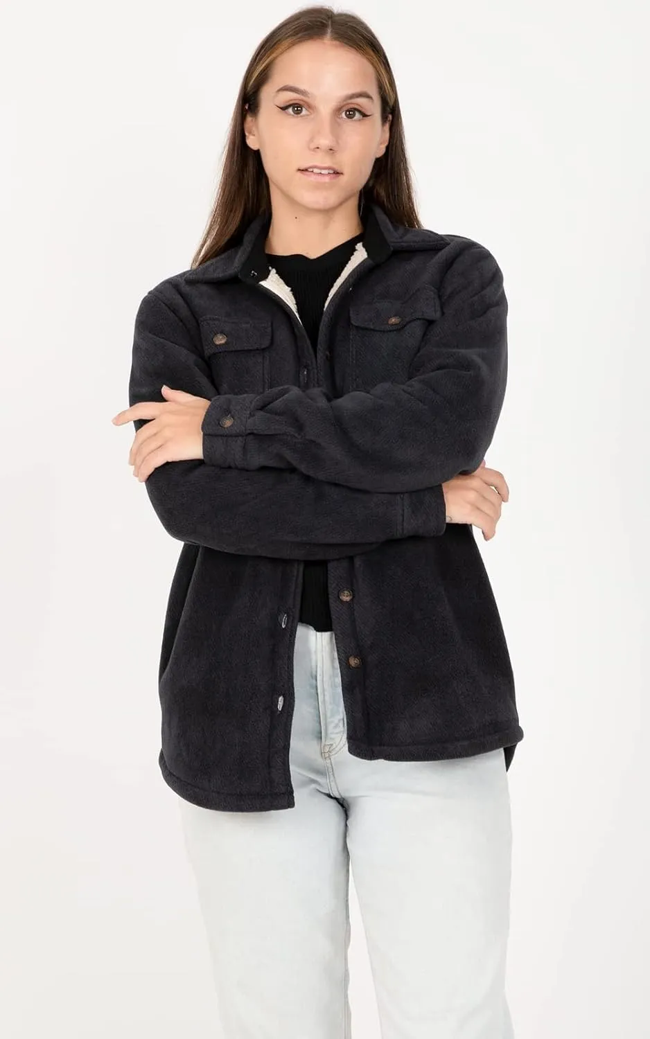 ThCreasa Womens Sherpa Fleece Lined Flannel Shirt Jacket Warm Button Up Plaid Shirt Jac (Sherpa Fleece Throughout)