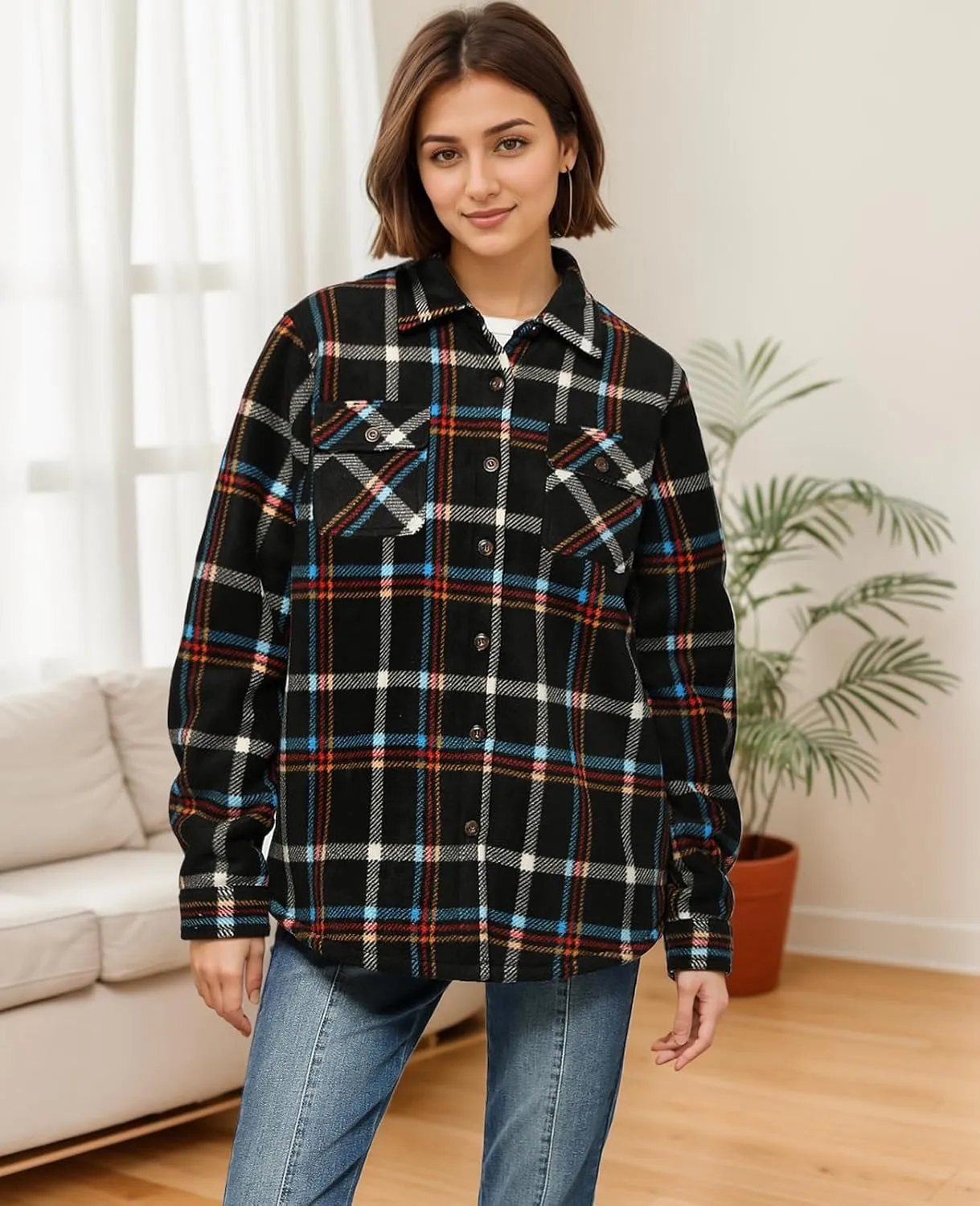 ThCreasa Womens Sherpa Fleece Lined Flannel Shirt Jacket Warm Button Up Plaid Shirt Jac (Sherpa Fleece Throughout)